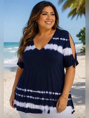 Lane Bryant Blue and White V-Neck Short Sleeve Top